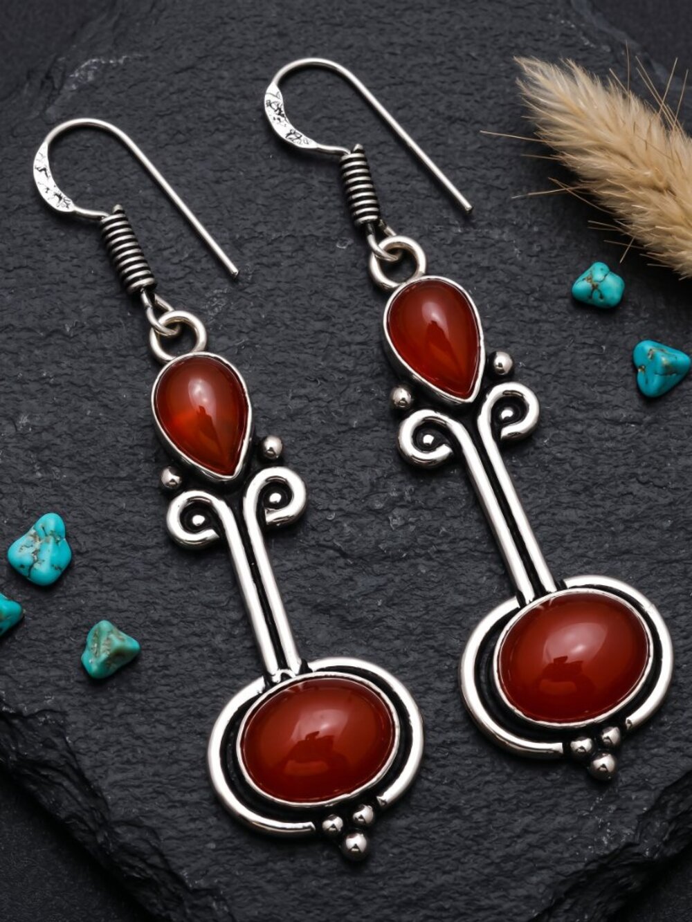 Carnelian Earrings 925 Sterling Silver Drop Dangle Artisan Two Stone Boho 2.3"